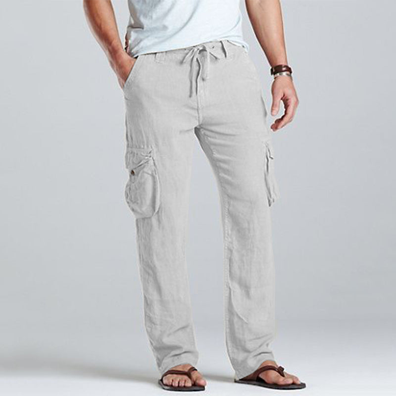 Men Linen Cargo Drawstring Pants