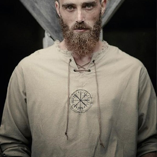 Medieval Linen Man Shirt with Ancient Viking Embroidery