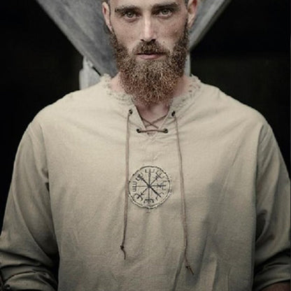 Medieval Linen Man Shirt with Ancient Viking Embroidery