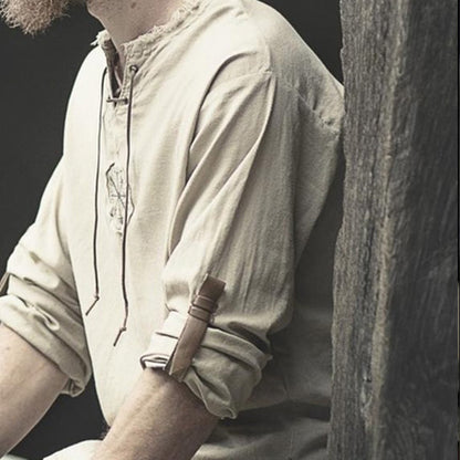 Medieval Linen Man Shirt with Ancient Viking Embroidery