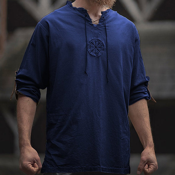 Medieval Linen Man Shirt with Ancient Viking Embroidery