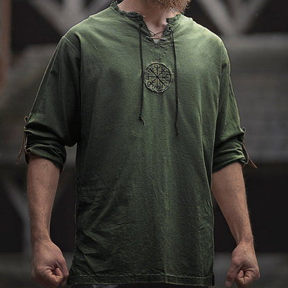 Medieval Linen Man Shirt with Ancient Viking Embroidery