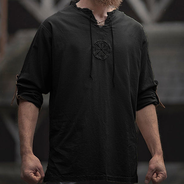Medieval Linen Man Shirt with Ancient Viking Embroidery