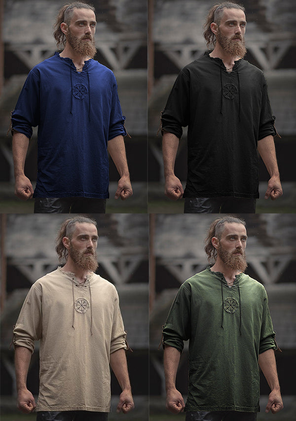 Medieval Linen Man Shirt with Ancient Viking Embroidery